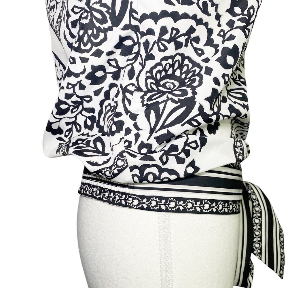 White House Black Market Black and White Paisley Tie Front Blouse - Picture 6 of 12